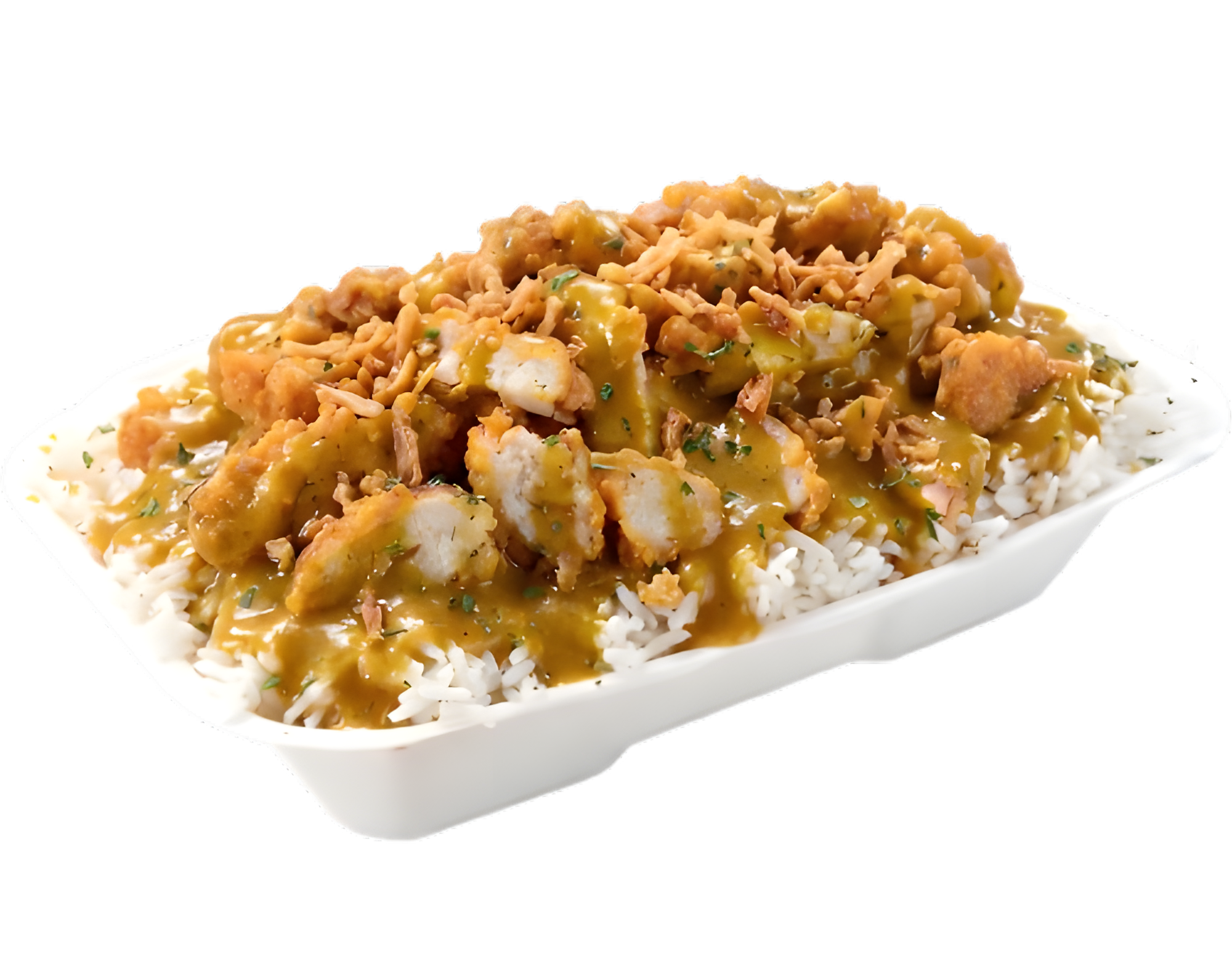 Coco Che'Riz — Riz, Poulet Croustillant, Sauce Maison avec Coco Curry, Oignons Crispy, Persillade