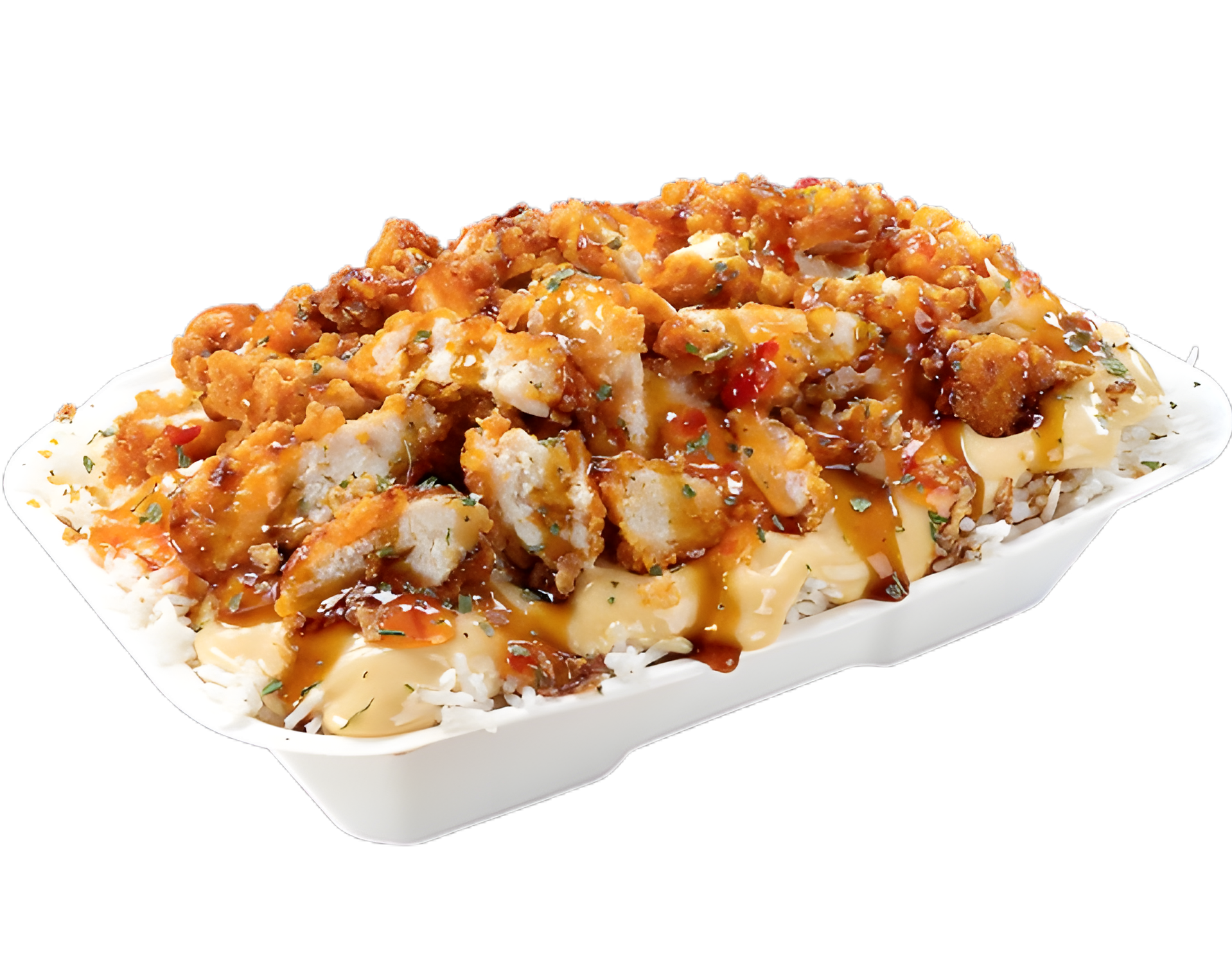 Dingue'Riz — Riz, Poulet Croustillant, Sauce du Chef, Oignons Crispy, Persillade