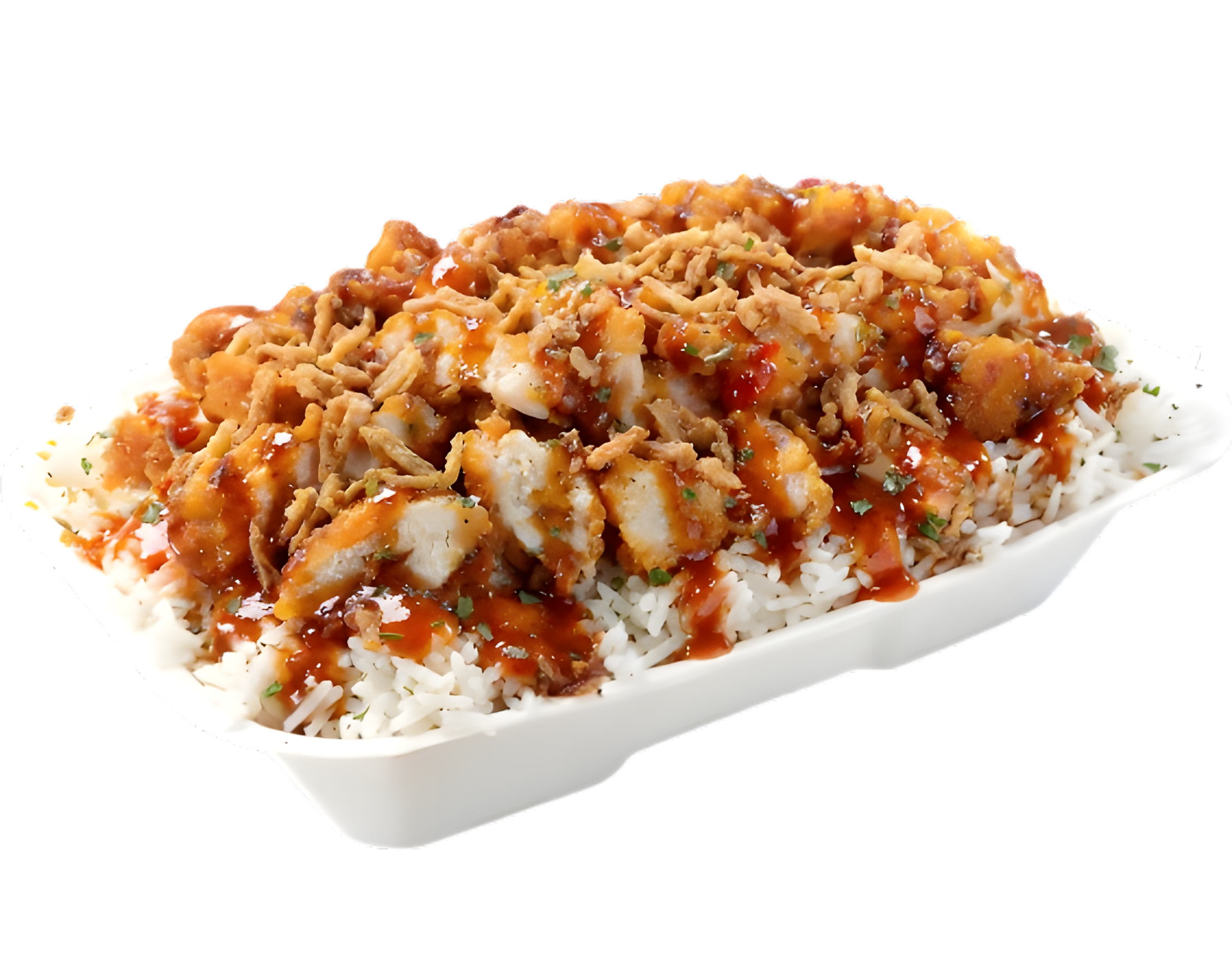 Tue'Riz — Riz, Poulet Croustillant, Sauce du Chef qui Arrache, Sauce Chili Hot, Oignons Crispy, Persillade